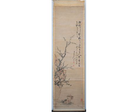 An antique Chinese watercolour scroll painting, probably 19th century, depicting a prunus tree in blossom, issuing from a roc