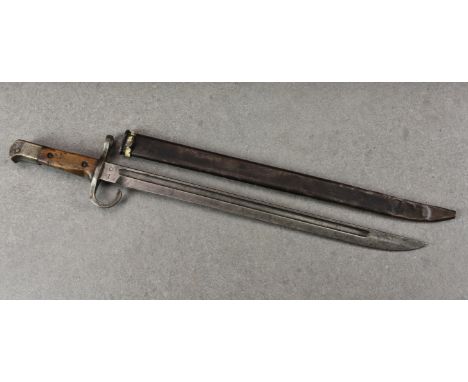 A Japanese Arisaka Type 30 bayonet, 39.2cm. long single edge blade with long fuller, the forte with maker's stamp, steel hook