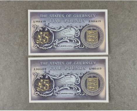 BRITISH BANKNOTES - The States of Guernsey - Five Pounds - consecutive pair, c. 1969, Signatory C. H. Hodder, serial numbers 