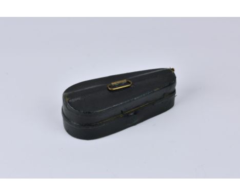 A Victorian novelty travelling inkwell, in the form of a black textured leather violin case, with brass ring handle, the gilt