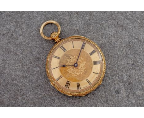 An Edwardian 18ct gold key wind open face fob watch by Mottu of Geneva, with signed gilt lever movement, signed 30mm. gilt di