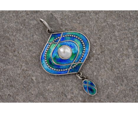 An Art Nouveau enamel and silver pendant by Murrle, Bennett &amp; Co, the silver pendant with blue and green enamel decoratio