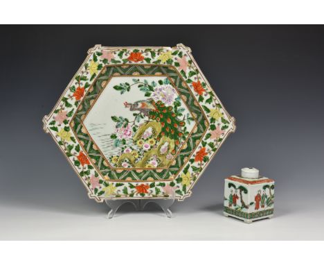 A Chinese famille verte hexagonal deep dish, late 19th century, the central well decorated with colourful enamels depicting a