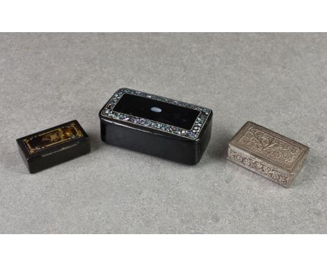 A Victorian paper maché rectangular snuff box, the hinged cover inlaid with M.O.P mosaic band and central oval disc, 3in. (7.