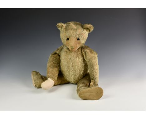 An early golden mohair teddy bear, possibly Steiff or early American, c.1910, with boot button eyes, cone shaped snout with o