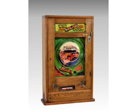 Advertising interest - A 1950s Allwins WIN a GUM Rowntree's Fruit Gums Penny Arcade machine, the glass fronted machine, havin
