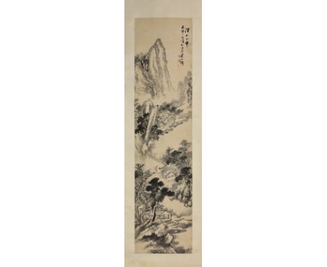 A Chinese watercolour scroll painting, probably Qing, 19th century, on a later silk scroll, depicting scholarly retreats in a