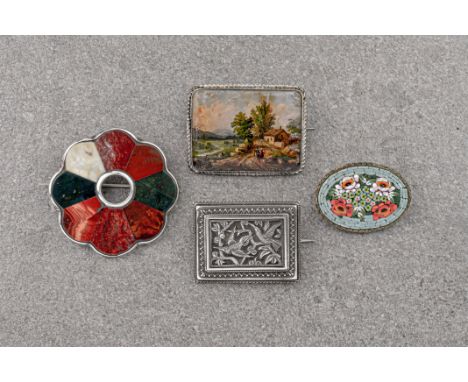 A small collection of antique / vintage brooches, comprising of a white metal mounted rectangular brooch with reverse painted