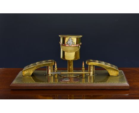 Second World War Trench Art Interest - Royal Ulster Rifles double inkwell desk stand, the central section of the stand has a 