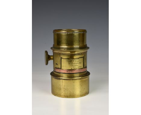 A brass Daguerreotype portrait lens by F. J. Cox of London, circa 1867, Petzval-type 60mm portrait lens for use with Waterhou