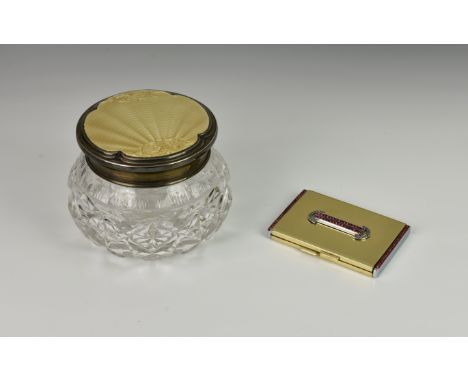 A Edward VIII cut glass and silver guilloche enamel powder jar, Barker Brothers Silver Ltd, Birmingham, 1936, the pull off si