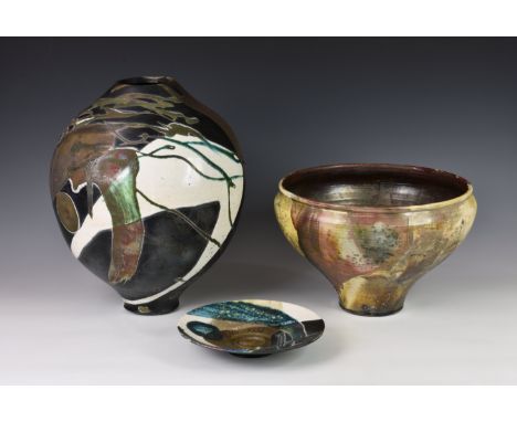 A Canadian studio pottery wood fired vase by Larry Aguilar, with organic autumnal decoration, script signature to base, 7½in 