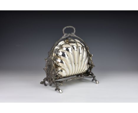 A Victorian silver plated clam shell muffin warmer, by Walker & Hall, Sheffield, on branch supports, with laurel wreath loose