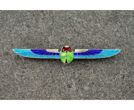A Charles Horner Art Deco silver and enamel stylised scarab brooch, Charles Horner, Chester, 1923, the Egyptian inspired broo