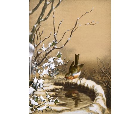 Henry Barnabus "Harry" Bright (British, 1846-1897), Winter Scene with a Robin watercolour, signed lower right, plain gold fra