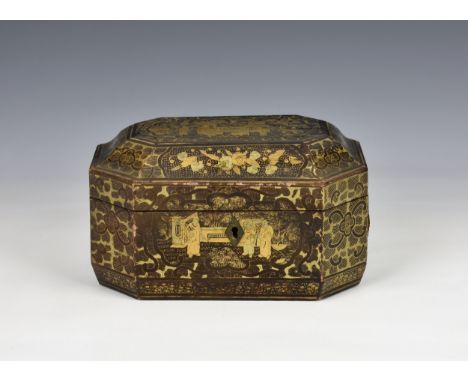 A Chinese export lacquered twin compartment tea caddy, 19th century, of octagonal form, decorated with alternating reserves o