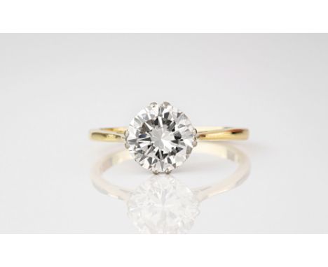 A fine 18ct yellow gold and diamond solitaire ring, the 2.27ct old brilliant cut diamond of fine clarity, I/VVS1, over tapere