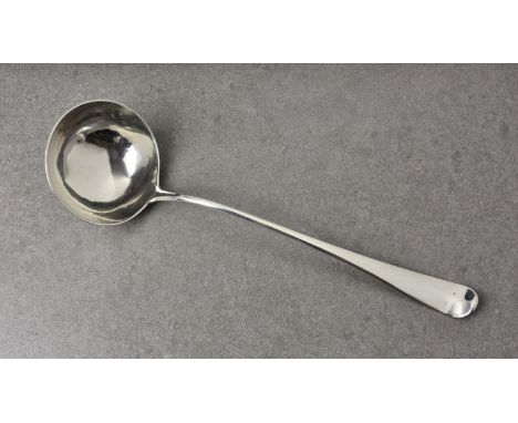 A George III silver Hanoverian pattern soup ladle, maker's mark and date letter indistinct, inscribed with initials and dated