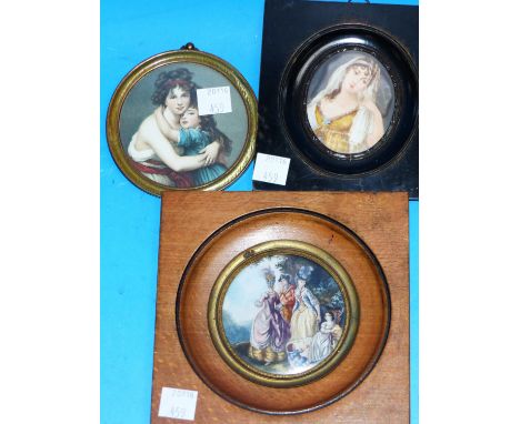 An early 20th century miniature depicting a group of 18th century figures; a similar:  bust portrait of a young lady; a simil