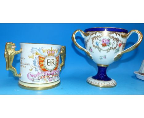 A Paragon limited edition QEII Coronation loving cup; a Cauldon gilt and polychrome tyg