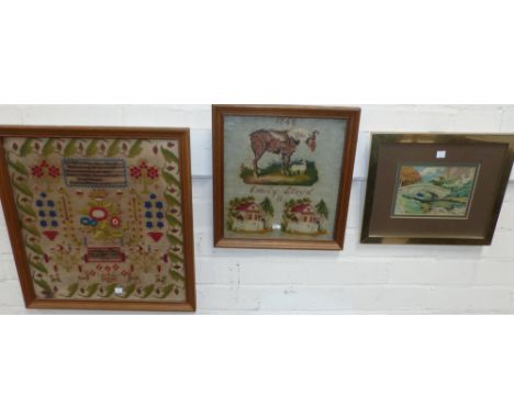 A 19th century needlework sampler by Ann Williams, 14, Llansawel, June 1862; another by Emily Lloyd, 11, 1988; a firescreen w