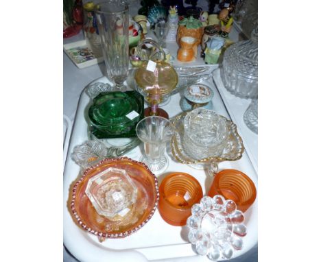 A gilt glass preserve dish; a glass trinket jar with painted cherub decoration; decorative glassware