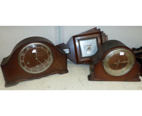 An Art Deco oak aneroid barometer; 2 1930's chiming mantel clocks