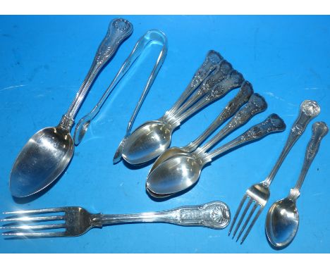 A set of 6 silver Kings pattern teaspoons, Sheffield 1899; a Georgian Kings pattern dessert spoon and fork; a similar silver 
