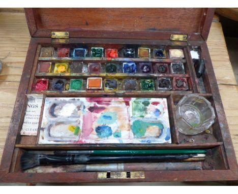 A Rowney &amp; Sons mahogany water colour set with fitted ceramic palette (stamped Rowney &amp; Sons( and glass brush pot