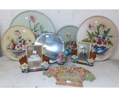 A barbola firescreen; 5 similar plaques; a mirror; 2 photo frames