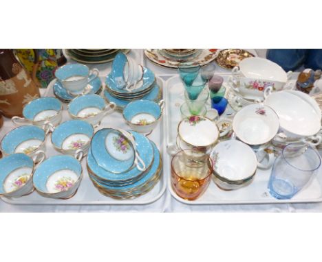 A Royal Albert 34 piece part tea service with wide blue and white polka dot border; 6 Adderley soup bowls; a selection of tea