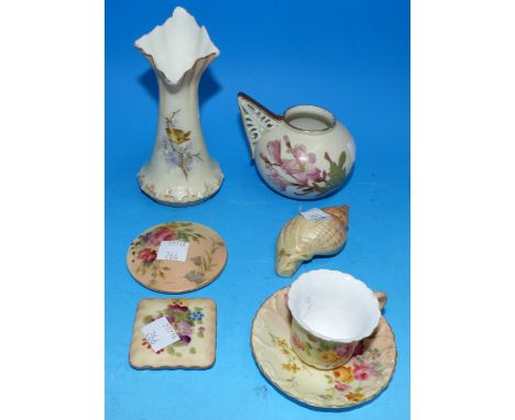 A Royal Worcester squat single handle vase decorated with leaves and flowers on an ivory ground, height 3"; a Royal Worcester