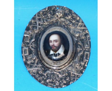 An 18th/19th century oval miniature portrait on china "Shakespeare 1726", in ornate embossed white metal frame, overall heigh