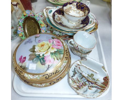 A Noritake covered bowl with gilt border and rose panel, diameter 7"; a cabinet cup and saucer with vignette panels; decorati