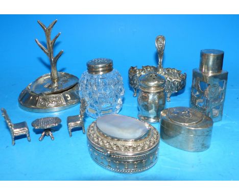 A white metal oval patch box with inset mother-of-pearl; other items of white metal