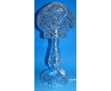 A 1930's cut glass table lamp with mushroom shade