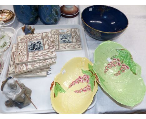 Seven Victorian Minton style transfer printed tiles depicting children; 2 Carltonware dishes; a Crown Devon bowl (a.f.); 2 Ch