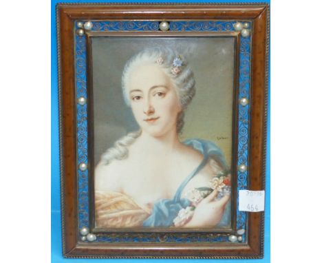 Latour:  rectangular miniature portrait, head and shoulders of an 18th century lady, with flowers, signed, 5½" x 3½", in pear