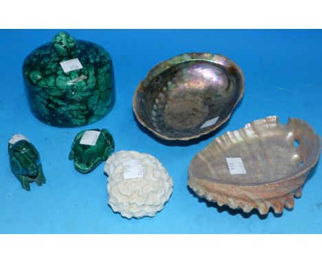 A malachite circular trinket box, diameter 4"; a malachite lion and frog; a small piece of brain coral; 2 abalone shells