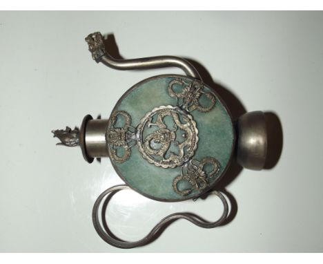 Chinese white metal mounted teapot, mouse finial to lid and stylised dragon spout, stamped to base possibly silver