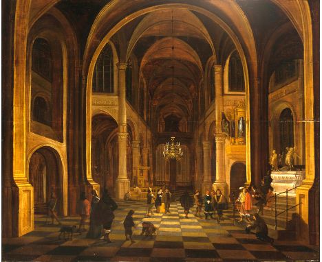 Pieter Neefs (Antwerp, circa 1576 - 1656/1661) "Antwerp Cathedral" Oil on panel. Cradled. 100 x 120,5 cm.Pieter Neefs was the