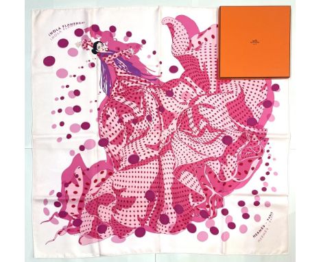 Hermes silk scarf, 'Hola Flamenca!', designed by Dimitri Rybalchenko c2005, pink colourway, hand rolled hems, 90 x 90cm, with