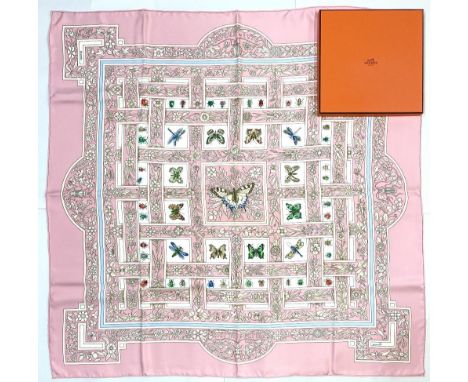 Hermes silk scarf, 'Joyaux De L'ete', designed by Antoine de Jacquelot c1995, decorated with butterflies and insects on a bab