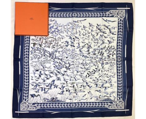 Hermes silk scarf, 'Libres Comme L'air', designed by Annie Faivre c2003, geese taking flight, white and navy colourway, 90 x 