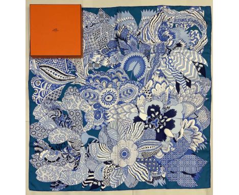 Hermes silk scarf, ‘Fleurs D’indiennes’, designed by Aline Honor c2011, vibrant blue cluster of decorative flora, hand rolled