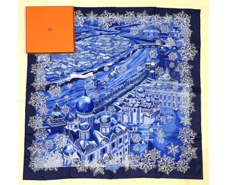 Hermes silk scarf, 'Le passage a Moscou', designed by Nathalie Vialars c2008, snow covered city in blue colourway, hand rolle