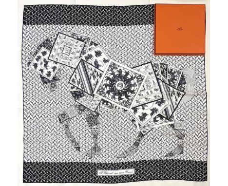 Hermes silk scarf, 'A Cheval Sue Mon Carre', designed by Balli Barret c2010, black and white horse design, hand rolled hems, 