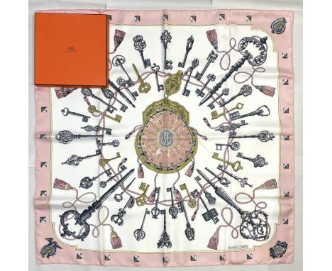 Hermes silk scarf, 'Les Cles', designed by Caty Latham, reissue of the c1965 original, pink and white design of various keys,