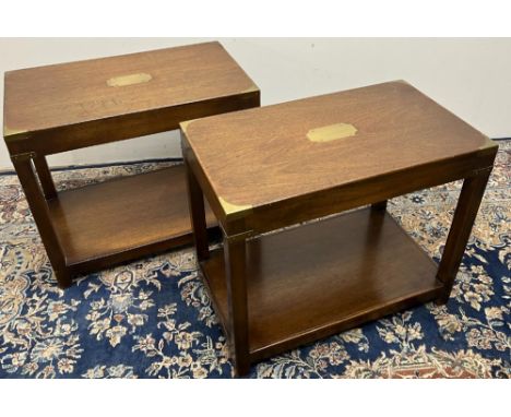 Pair of Campaign style brass banded mahogany rectangular two tier lamp tables, W61cm D36cm H51cm (2) 