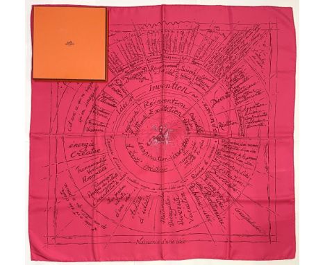 Hermes silk scarf, 'Naissance d'une Idée', designed by Michel Duchene c2004, pink/red colourway representing the birth of an